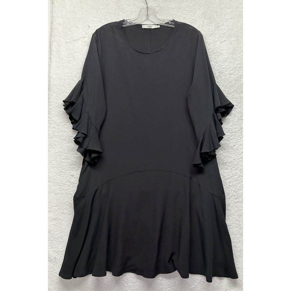 0039 Italy Womens Size L Black Ruffle Short Sleeve Silk Blend Dress (K9)